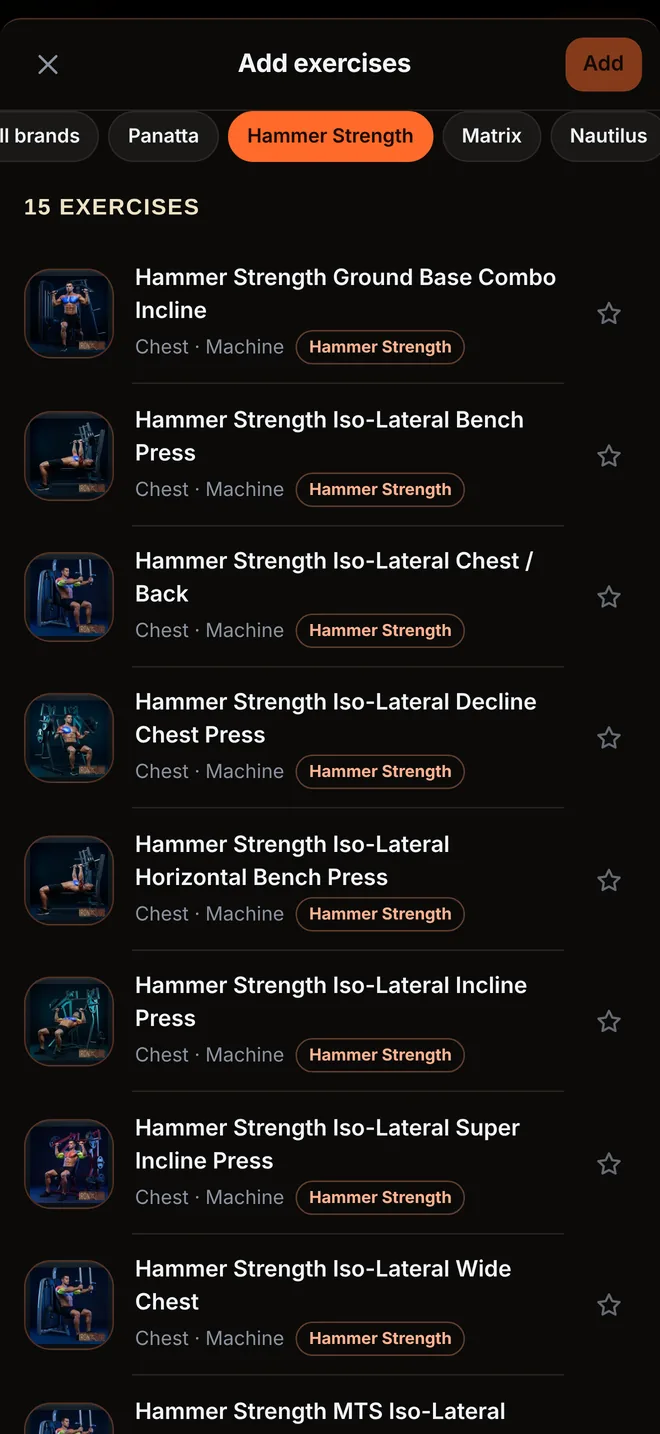 Iron X Log app, Hammer Strength screen