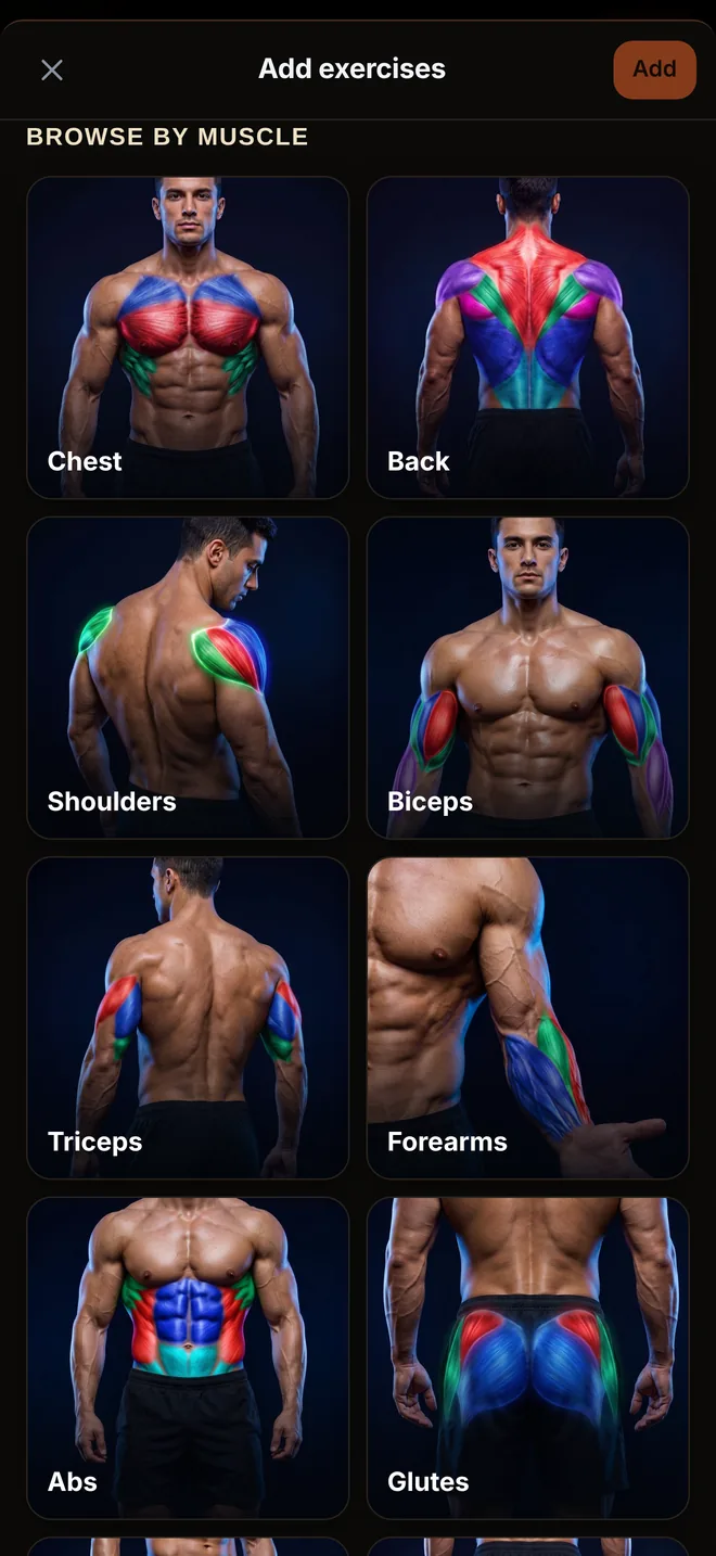 Iron X Log app, Browse by muscle screen