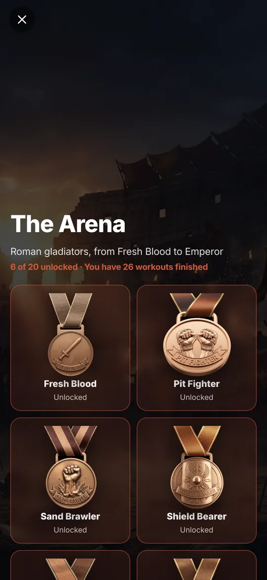 Iron X Log app, The Arena medals screen