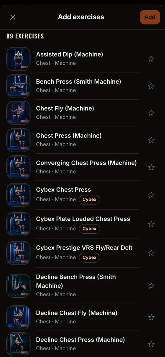 Iron X Log app, Exercise library screen