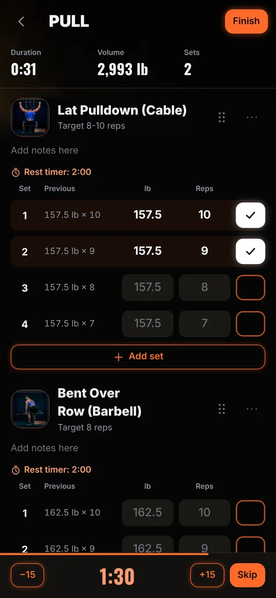 Iron X Log app, Workout screen